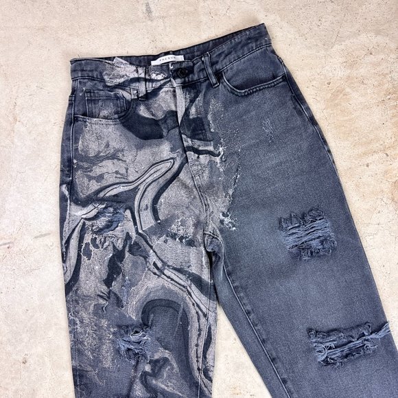 Marble Painted Distressed High Rise Crop Jeans Size 25/26 - One of a Kind! - Picture 1 of 6